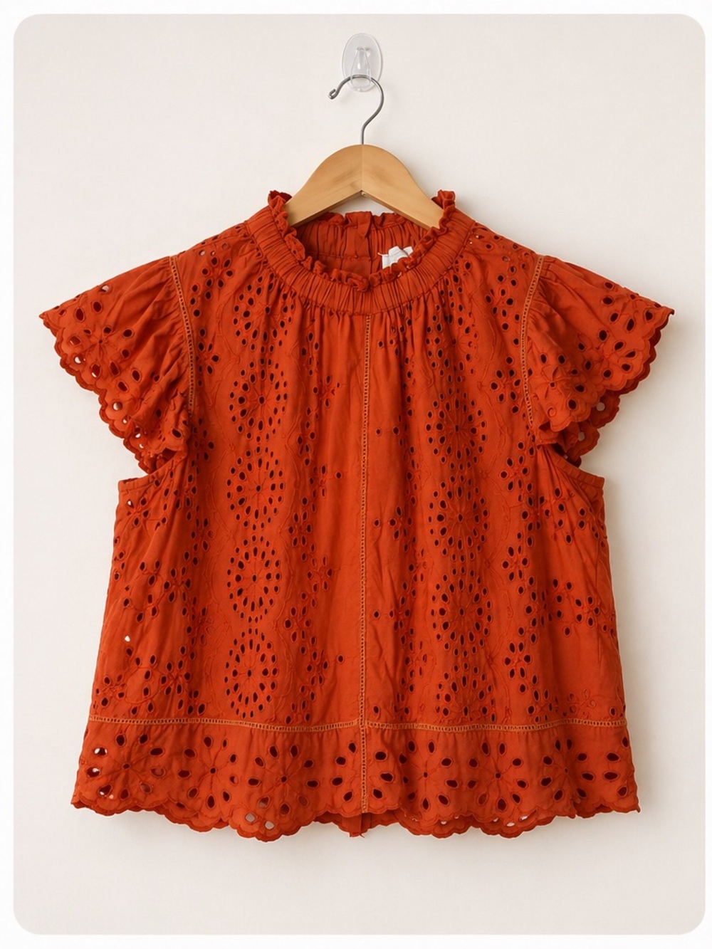 Jennifer & Grace Eyelet Blouse Medium Orange Ruffle Sleeve Cotton Boho Top